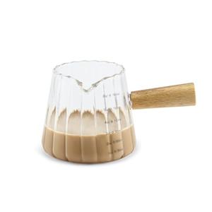 Denovin Glass Measuring Cup, 6oz Creamer Pitcher with Wood Handle, Creative Milk Frothing Pitcher Creamer Shot Glass (Transparent)