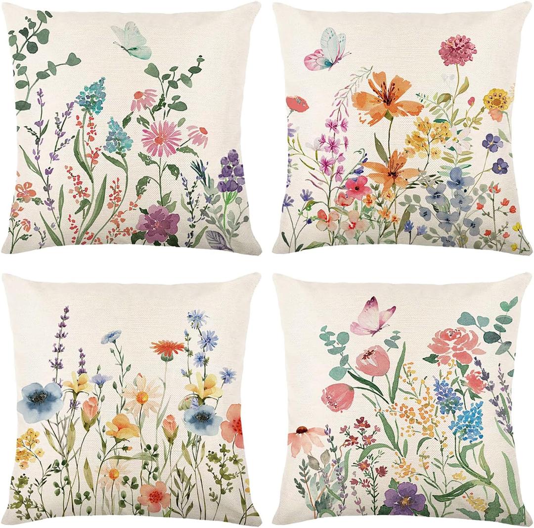 ONFAON Spring Decorations for Home - Spring Pillow Covers 18x18, Outdoor Pillow Covers Springtime Farmhouse Throw Pillow Cover Garden Linen Cushion Case for Home Decor