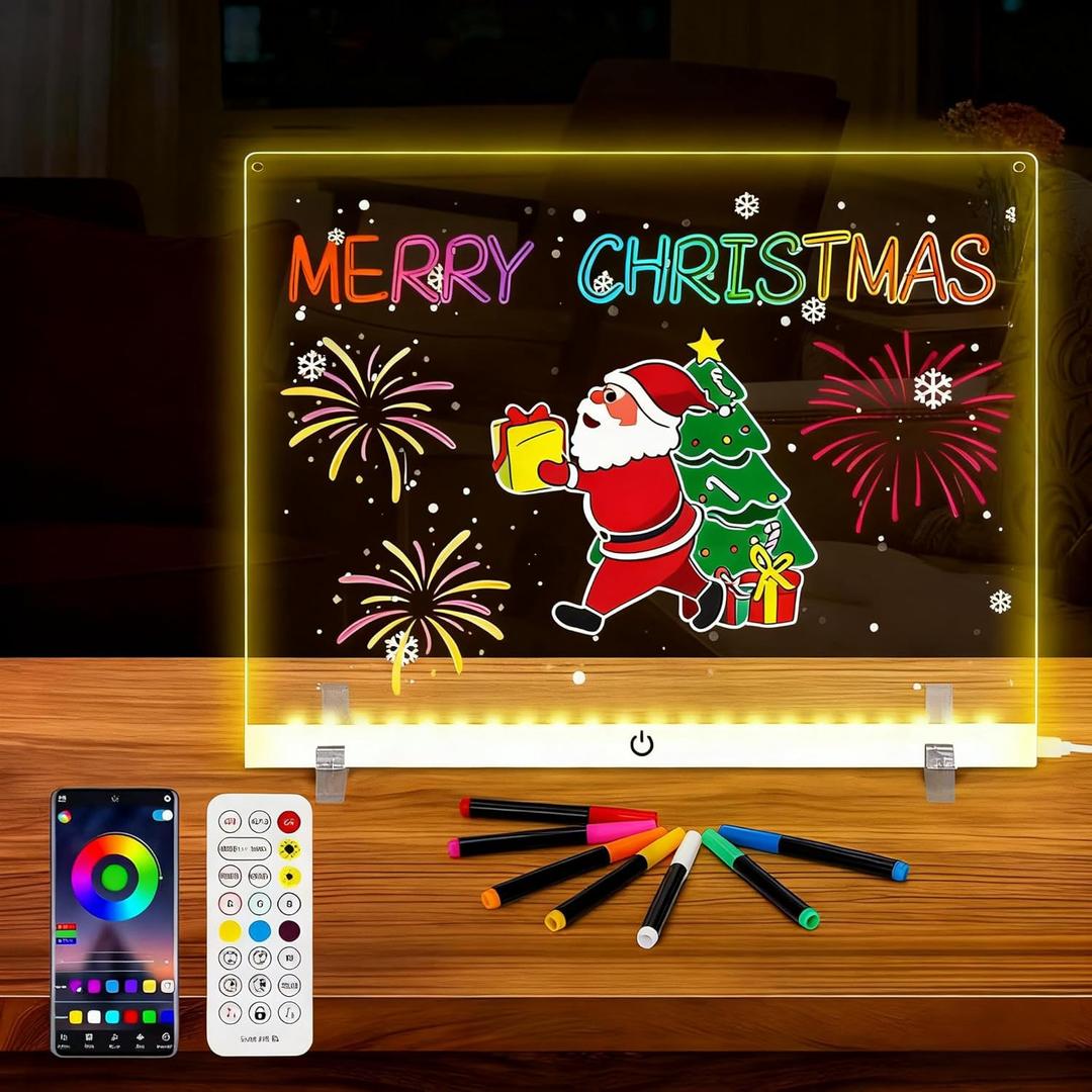 Doodle Glow, LED Note Board with Colors, 14.1"x10.9" Wooshneesham Acrylic Dry Erase Board, 16M-Color LED Light-Up Memo w/Music Sync, APP & Remote, Stand & 7 Markers, Battery Case, Neon Glow (White)