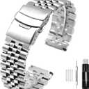 Super Brushed & Polished 3D Solid Silver Stainless Steel Watch Bracelet Band 20mm 22mm 24mm Security Double Deployment Buckle