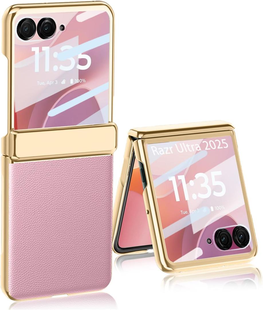 for Motorola Razr Ultra 2026/2025 Case with Hinges Protection & PU Leather Back Cover & Plated Frame & Built-in Front Screen Protector (Pink)