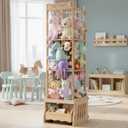 Stuffed Animal Storage Tower, Wooden Zoo Toy Organizer with Rolling Drawer | Solid pine wood. Lockable rolling drawer doubles as ride-on seat. Tall narrow fits small space for nursery playroom bedroom