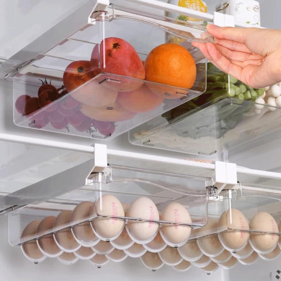 Yatmung 2 Pack Fridge Drawer Organizer - Egg Holder For Refrigerator Pull Out - Transparent Deli Drawer Organization Bin - Meat, Cheese - Sliding Storage Containers for Fridge Shelf Under 1.1"