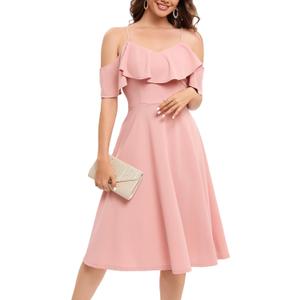 Bbonlinedress Womens Off The Shoulder Cocktail Dress, Formal Wedding Guest Prom Party Homecoming Graduation A-line Midi Dress (Blush) L