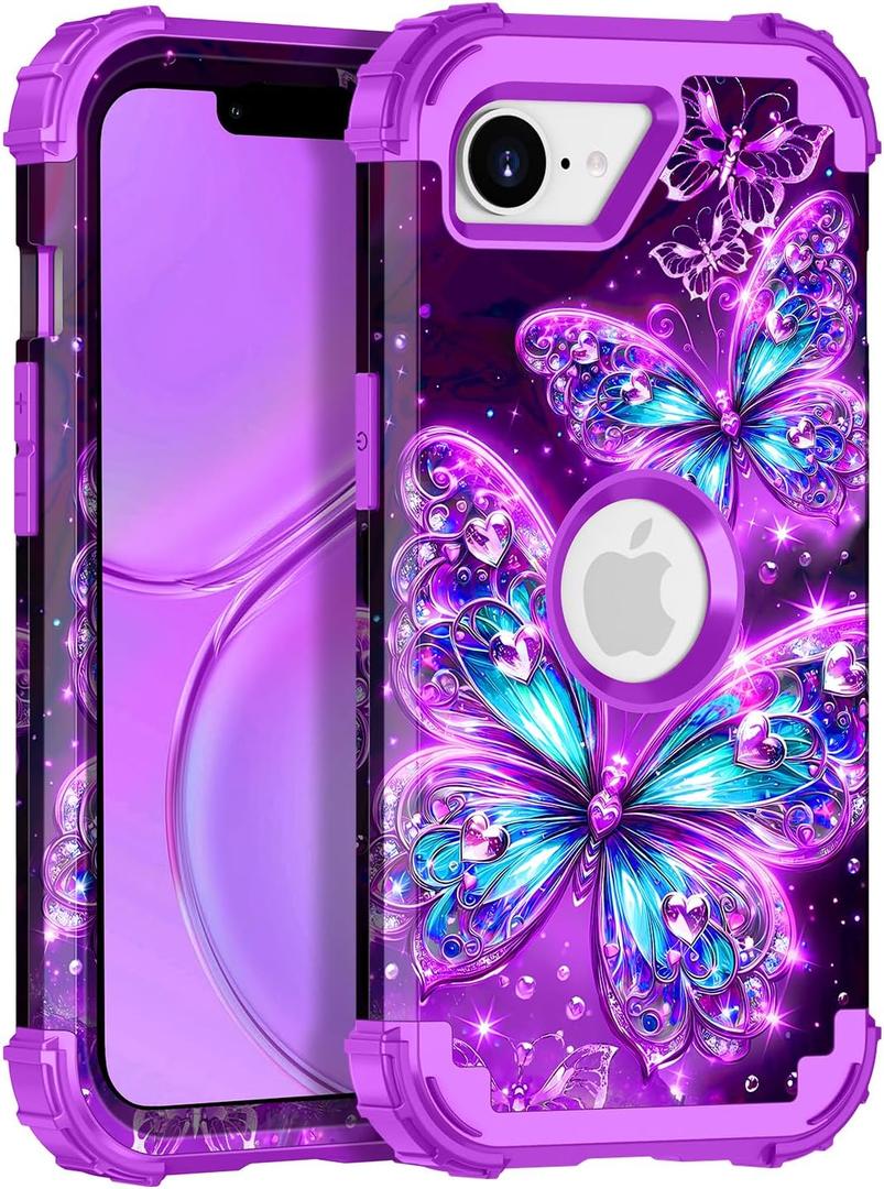 Casetego for iPhone 16e Case 2025,Glow in The Dark Three Layer Heavy Duty Sturdy Shockproof Full Protection Rugged Hard PC+Soft TPU Bumper Case for Apple iPhone 16e 6.1 inch, All Purple