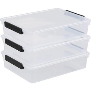 Saedy 3-Pack 5 Quart Plastic File Storage Bins With Lids, Clear Flat Stackable Storage Box