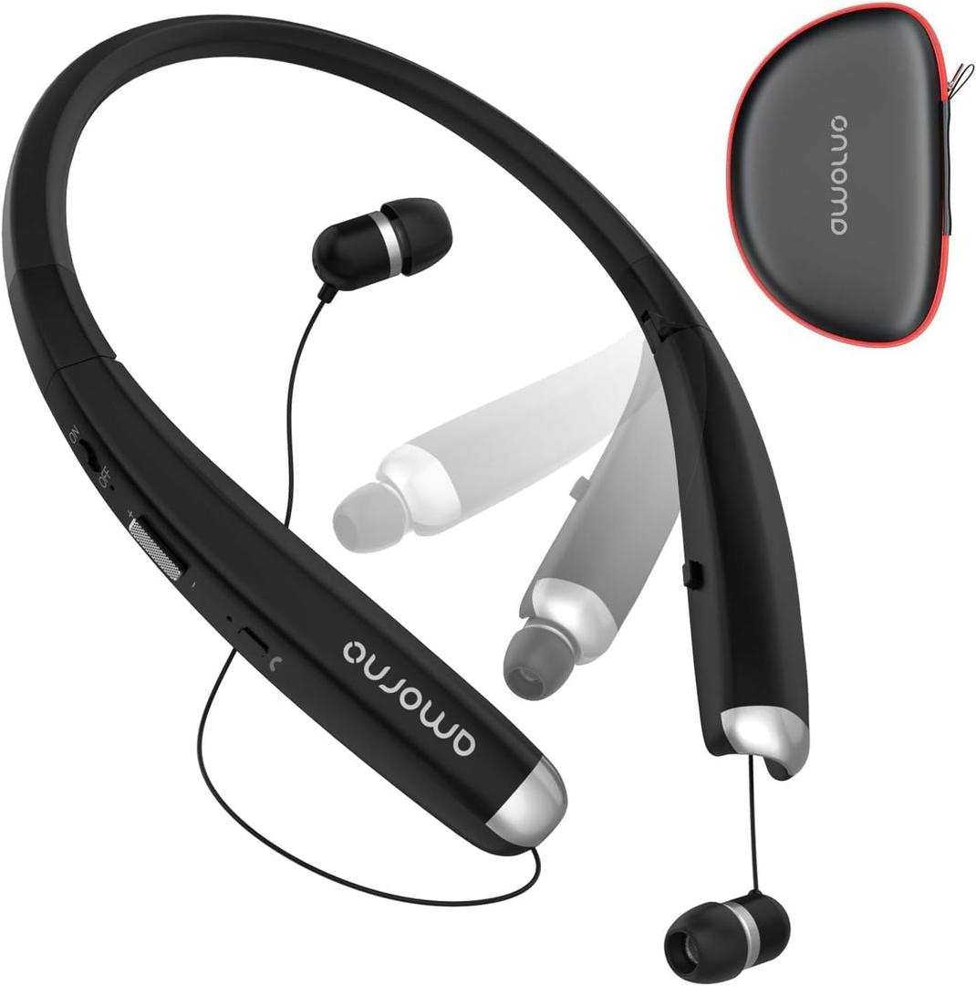 AMORNO Foldable Bluetooth Headphones, Wireless Neckband Sports Headset with Retractable Earbuds, Sweatproof Noise Cancelling Stereo Earphones with Mic (Black)