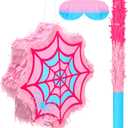 Pink Spider Pinata Spider Pinata with Blindfold Stick and Confetti Spiderweb Ghost Birthday Party Decoration Game Supply 12 x 12'', Small, Fillable for Candy and Treats