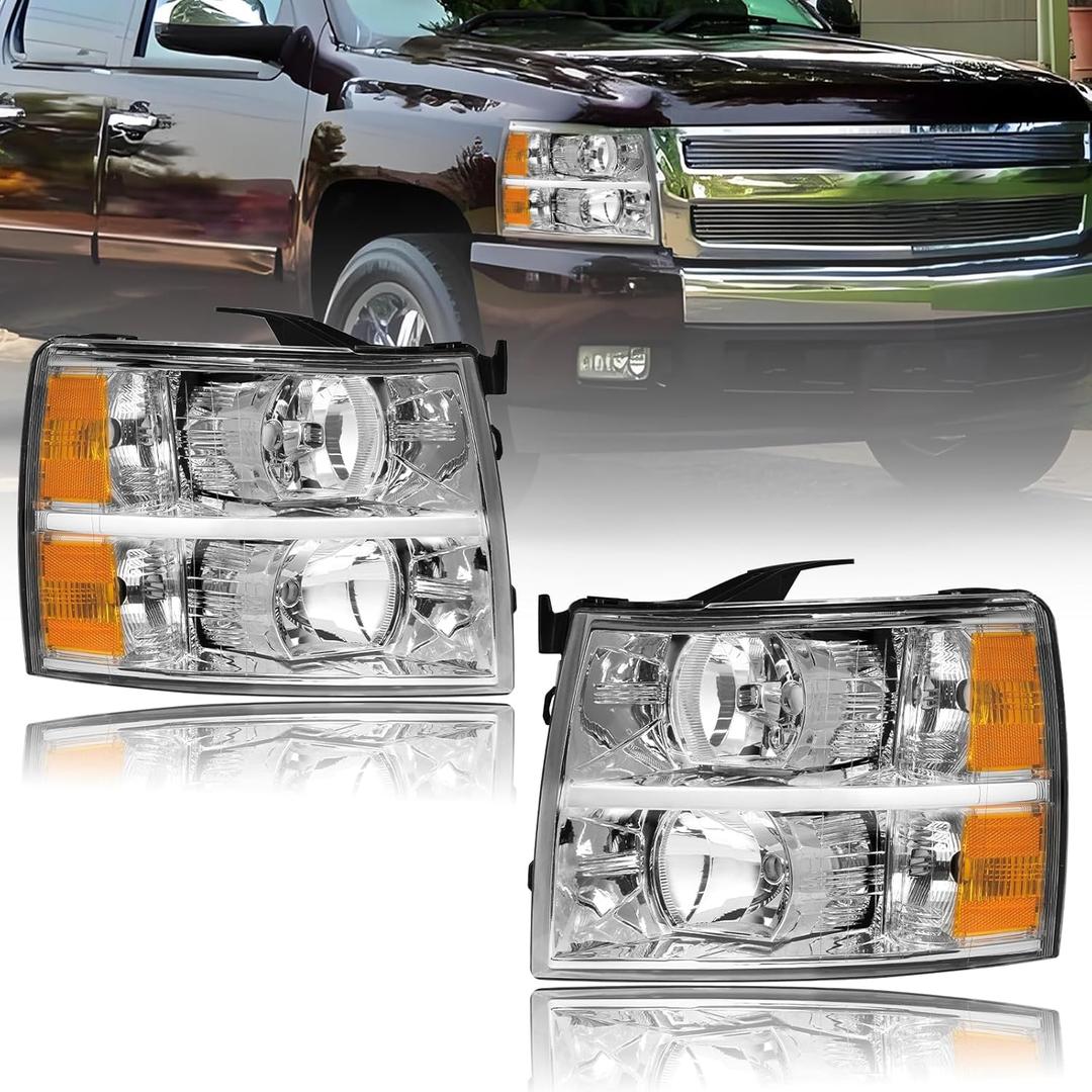 Pair Headlights for Chevy Silverado 1500 2500HD 3500HD 2007-2013 (2007 New Body) Halogen Front Light Chrome Housing Amber Reflector