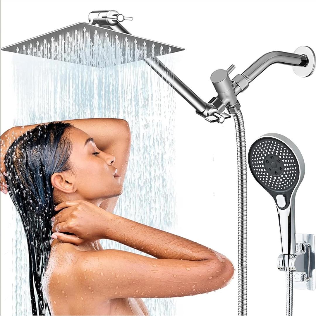Shower Head,10'' Rain Shower Head with 11'' Angle Adjustable Extension Arm and Handheld Spray Combo/Flow Regulator/Shower System/Angle Adjustable/5Ft Hose, Height (Chrome, 8 Inch)