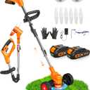 21V Cordless Weed Wacker, Electric Weed Eater Battery Powered, Lightweight Weed Trimmer with 2 Batteries, 3 in 1 Grass Trimmer/Brush Cutter/Edger Lawn Mower with 2 Types Blade & Wheels for Garden Yard (Orange)
