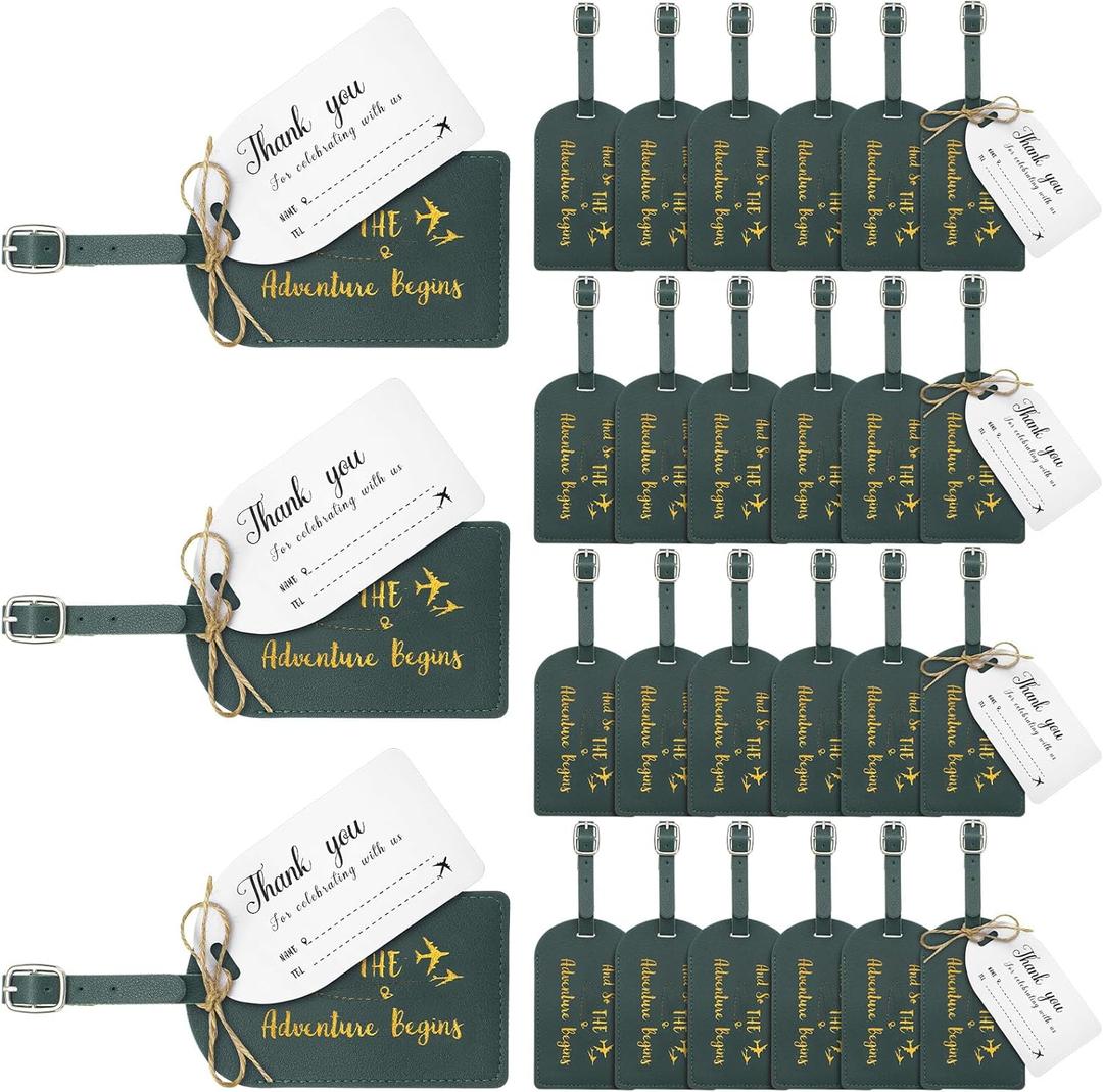 Sweetude 48 Sets Leather Luggage Tag Bulk and So The Adventure Begins Luggage Tags with Name Card for Wedding Bridal Shower Bachelorette Honeymoon Travel Graduation Gifts(Dark Green)
