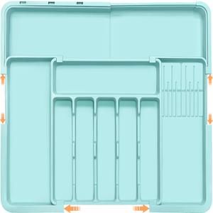 Homecor Silverware Organizer - Expandable Large Kitchen Drawer Organizer Utensil Organizer with 2 Knife Block Inserts, 22"x 19"Cutlery Tray with Drawer Dividers for Kitchen Flatware (Turquoise)