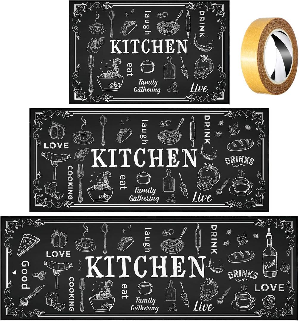 Bencailor 3 Pieces Kitchen Rugs Set Non Slip Washable Kitchen Mats Farmhouse Welcome Door Mat Floor Rugs Absorbent for Home Laundry Living Room and Hallway,3 Sizes(Black)