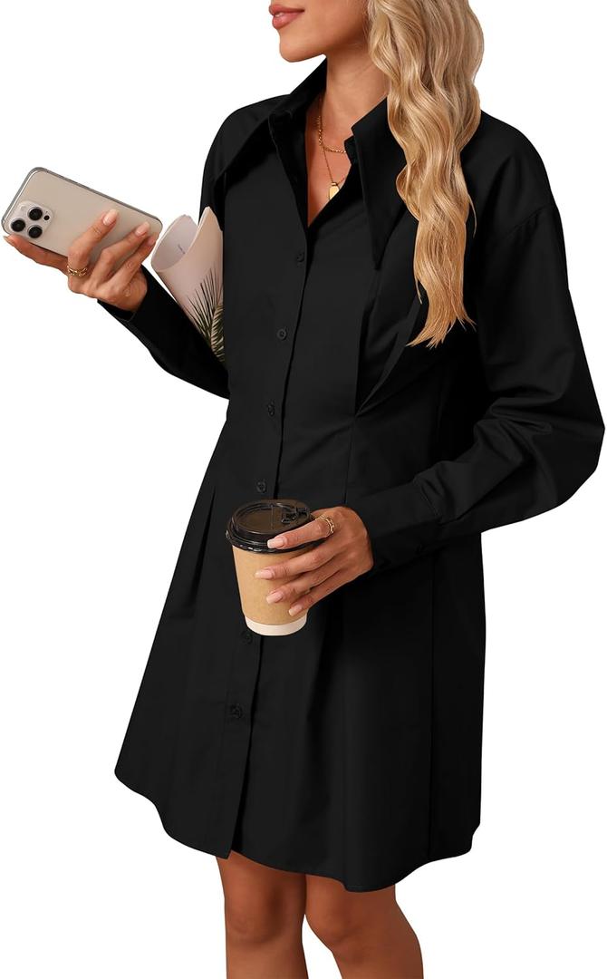 Womens Button Down Shirt Dresses Cotton Button Up Tunics Long Sleeve Solid High Low Blouse Waist Up Dress (S)