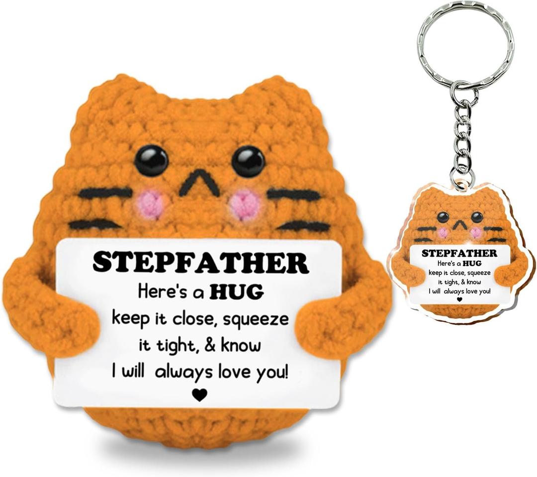 3 x Positive Crochet Animals Orange Cat, Cute Things Crochet Cat Cheer Up Gift from Son Daughter for Stepmother Mom Birthday Christmas Thanksgiving Day
