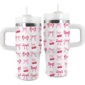 Bow Gifts for Girls - 14oz Pink Kids Bowknot Themed Tumbler with Handle and Straw, Stainless Steel Insulated Water Cup, for Sport, School, Travel - Cute Pink Bow Themed Children Birthday Gift Cup(1pc)