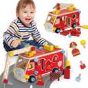 Wooden Fire Truck Toy  Take-Apart STEM Vehicle with Firefighter Tools & Shape Sorting, Montessori Educational Gift for Toddlers Boys Girls Ages 3+
