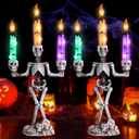 MEETYAMOR 2 Pcs Skull Halloween Candelabra Decorations Indoor, Halloween Candles Holder with LED Lights for Scary Haunted House Mansion Decor, Battery Operated Timer Candlesticks for Table Home Party