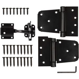 HILLMASTER Heavy Duty Gate Latch Kit for Wooden Vinyl Fence, 1 Pack Self-Locking Gate Latch and 2 Pack 3.5 Spring Tee Hinges, Gate Fence Hardware Set, Black Finish