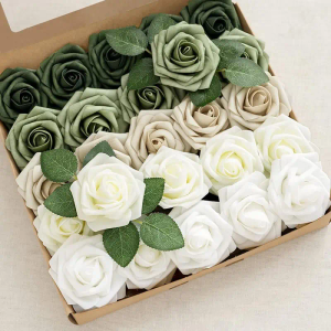 D-Seven Artificial Flowers 25pcs Forest Green & Tawny Beige Ombre Color Foam Roses with Stems for DIY Wedding Bouquets Bridal Shower Table Centerpieces Party Decor