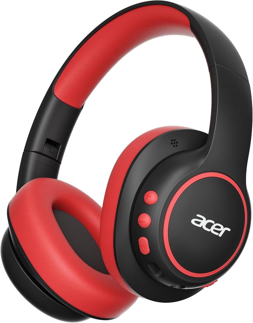 acer Kids Bluetooth Headphones, Over Ear Headphone for Kids with Mic, 75H Playtime, 85dBA Safe Volume, Bluetooth 6.0, USB C Fast Charging, Toddler Headphones for iPad/Tablet/Travel/School-Black Red