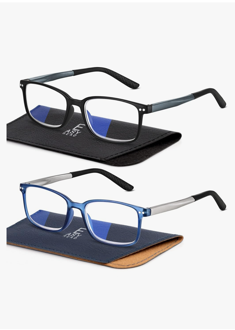 EASY READ 2 Pairs Sporty Style Reading Glasses for Men，Rectangular TR90 Blue Light Blocking Readers with Spring Hinge