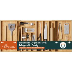 Silverware Organizer Large, Magnetic Connected Expandable 11 Slots Silverware Drawer Organizer From 21 to 37.4 Inches, Adjustable Flatware and Cutlery Holder, Bamboo Utensil Tray for Kitchen Natural