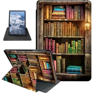 Colorful Bookshelf Case for 7" Kindle Paperwhite (12th Generation,2024)&Kindle Colorsoft Signature Edition 7"(2024/2025) 360 Degree Rotating Stand Protective Cover with Auto Sleep/Wake