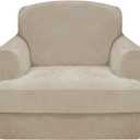 CUCRAF T Cushion Sofa Cover 2 Piece Armchair Slipcovers, Soft Thick Velvet Couch Cover for Living Room, Washable High Stretch Furniture Protector with 1 Cushion Chair Slipcover (Chair, Ivory)