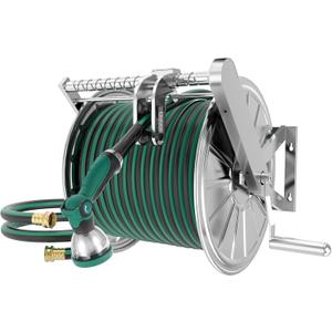 Stainless Steel Garden Hose Reel with 5/8" x 100 ft Water Hose, Wall Mount Hose Reels for Outside, 10-Pattern Spray Nozzle, with 5 ft Inlet Hoses and Crank Handle