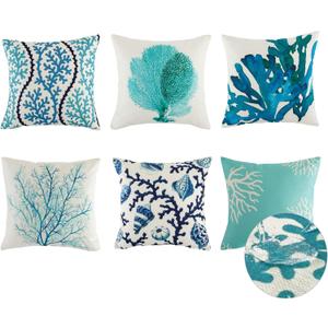 famibay Outdoor Waterproof Pillow Covers Set of 6 Patio Coastal Throw Pillow Covers 18x18 Decorative Summer Beach Cushion Cases Square Outside Pillow Covers for Patio Furniture Porch Garden Bench