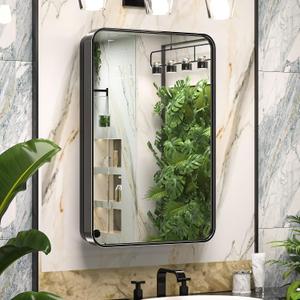 Keonjinn Black Medicine Cabinet 16 x 24 Inch, Bathroom Medicine Cabinet with Mirror, Heavy & Solid Stainless Steel Framed, Adjustable Shelves, Recessed or Wall Mount, Bathroom Mirror with Storage