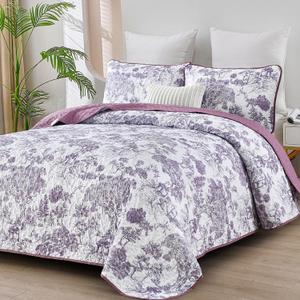 WONGS BEDDING Botanical Quilt Set Queen Size, Purple 3 Pieces Toile Floral Plants Printed Bedspread Bedding Set Soft Lightweight Microfiber Coverlet Set for All Season (96"x90")