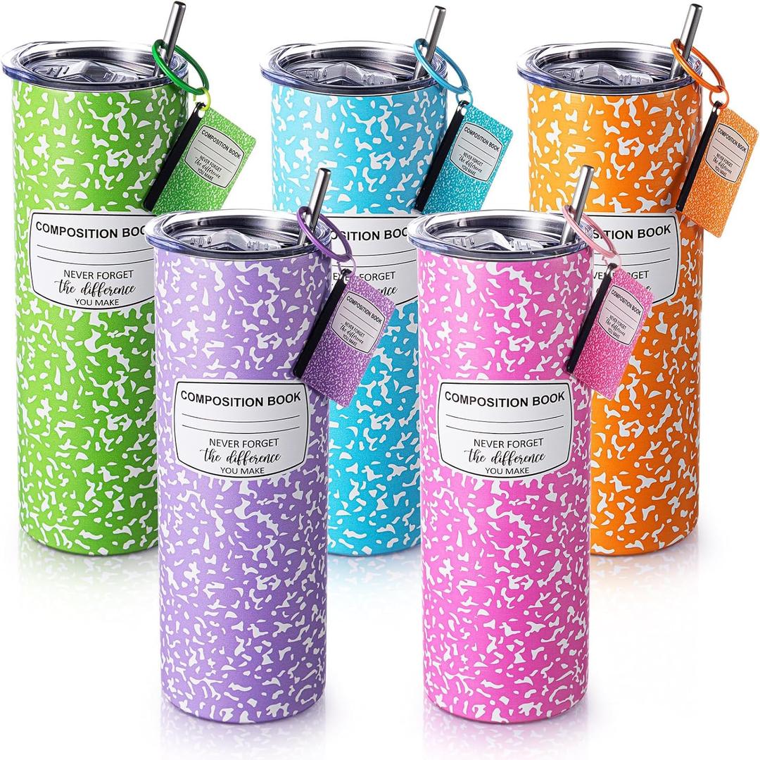 Geiserailie 5 Set Teacher Appreciation Gifts 20 oz Composition Book Tumbler Stainless Steel Cup Composition Keychains Teacher Appreciation Week Gifts Birthday End of Year Graduation (Multicolor)