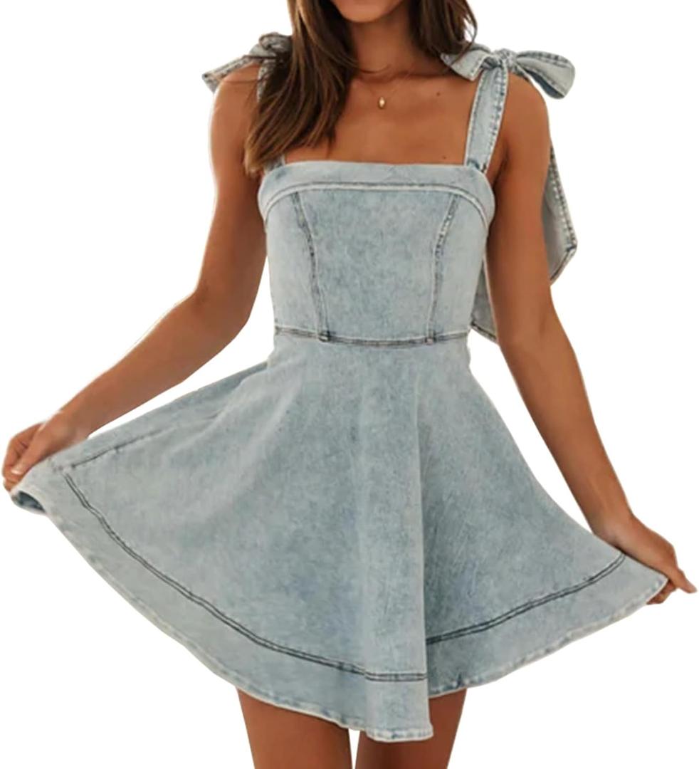 Women's Summer Casual Cute Sleeveless Denim Dress Trendy Stretch Slim Sundresses Distressed Mini Jean Dress (Light Blue), S