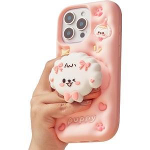 Kawaii 3D Dog Phone Case for iPhone 15 Pro (with Retractable Phone Stand & Grip) Cute Girly Cartoon Soft Silicone Phone Cover for Girls, Kids, Teens, and Women, Pink