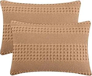 PHF 100% Cotton Waffle Pillow Shams King Size, 2 Pack 20" x 36" Soft Skin-Friendly Pillowcases, No Filling, Aesthetic Woven and Breathable Waffle Weave Pillow Case Covers for Bed, Camel