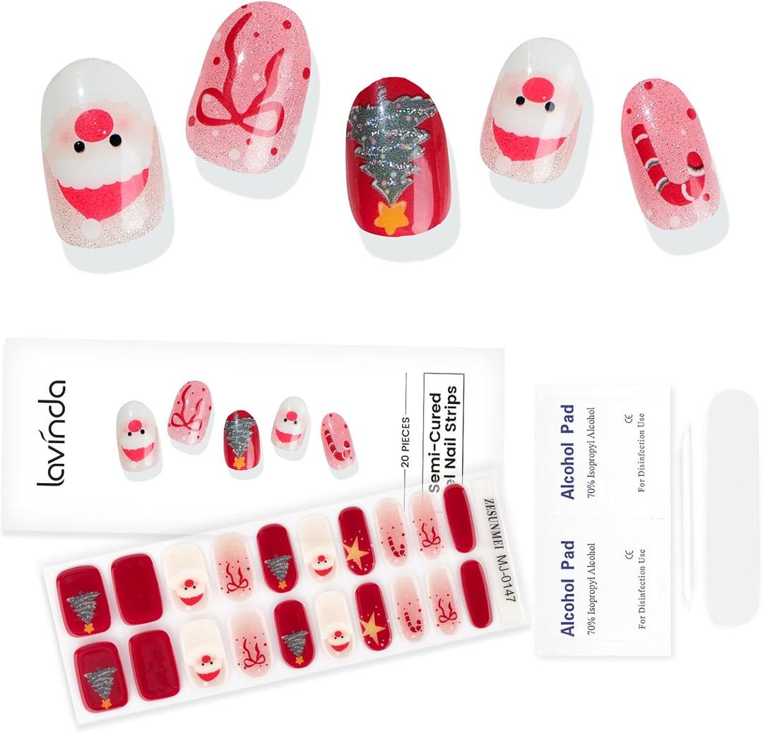 2 x Lavinda Semi Cured Gel Nail Strips - 20 Pcs Christmas Gel Nail Stickers with Santa, Xmas Tree, Candy Cane, Stars & Bow tie, Long-Lasting, Easy to Apply for Holiday Home Nails DIY | Candy Star Wishes