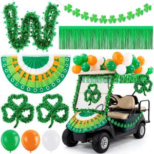 St Patrick's Day Golf Cart Parade Decoration Kit, 39 Pcs Shamrock Golf Cart Set with Clover Banner, Wreath, Bunting Flag, Foil Tinsel Fringe, Balloons for Irish Parade Float Decor