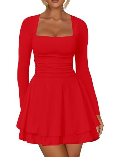 Kaximil Women's Square Neck Ruffle Hem Mini Dress Ruched Waist Long Sleeve Corset Short Party Dresses (Large, Red)