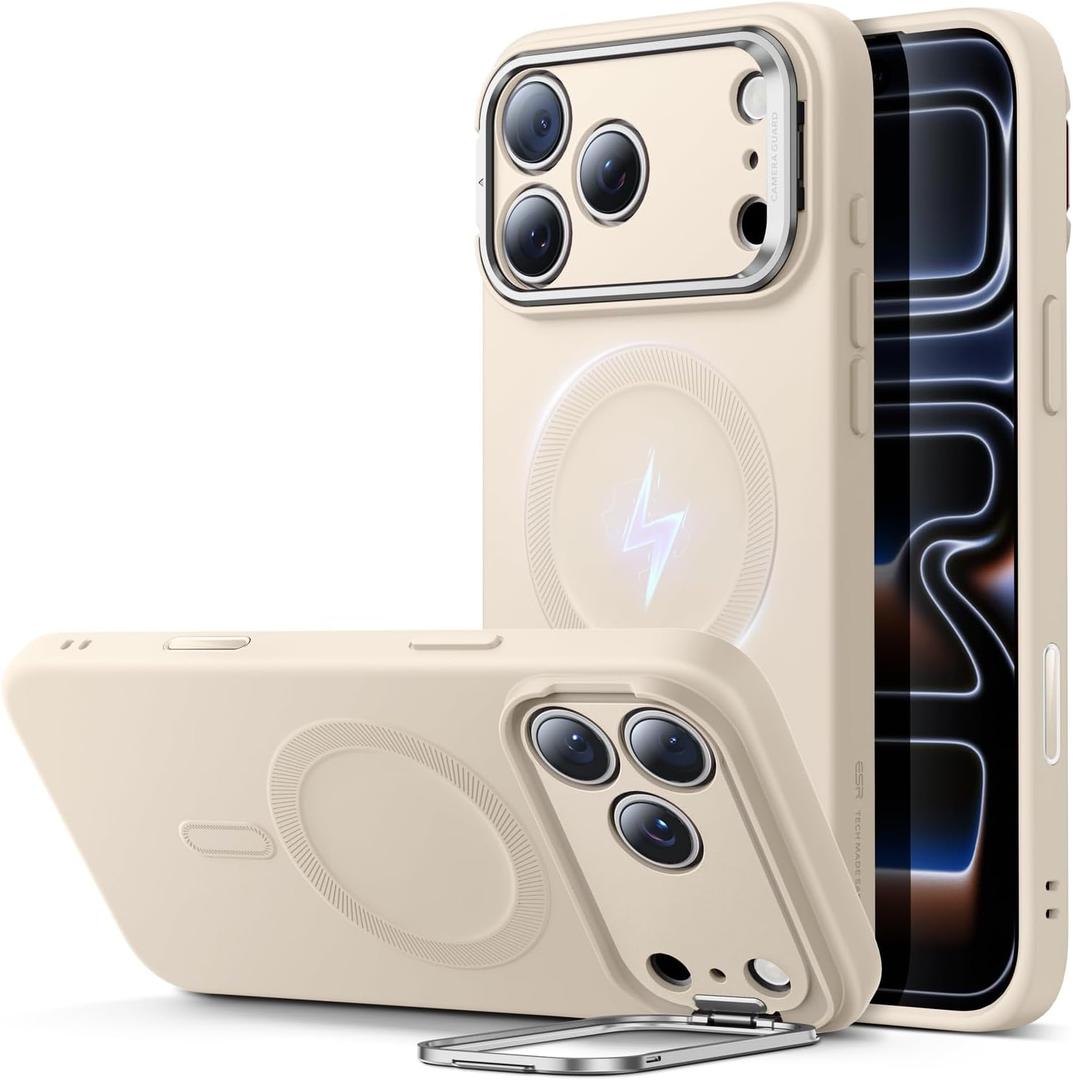 ESR Silicone Case for iPhone 17 Pro, Built-in Camera Stash Stand Compatible with MagSafe, Military-Grade Drop Protection Magnetic Phone Case, Cloud Series,Light Tan