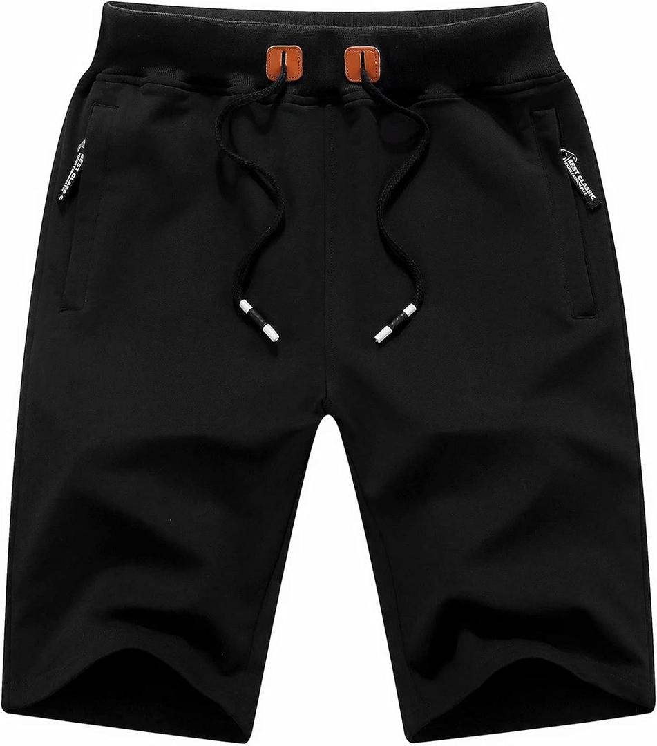 Tyhengta Mens Shorts Casual Drawstring Elastic Waist Workout Shorts with Zipper Pockets (Black)