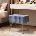 Vanity Stool Chair with Storage, Faux Fur Soft Padded Ottoman with Coffee Table, Modern Vanity Chair Fluffy Footstool with Metal Legs for Makeup, Living Room,Bedroom Blue, 15.7 inches x 11.8 inches x 18 inches