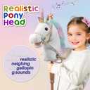 HollyHOME Unicorn Stick Horse with Wood Wheels Real Pony Neighing and Galloping Sounds Unicorn Hobby Horse with Rainbow Glitter Bridle, White 36 Inches(AA Batteries Required)