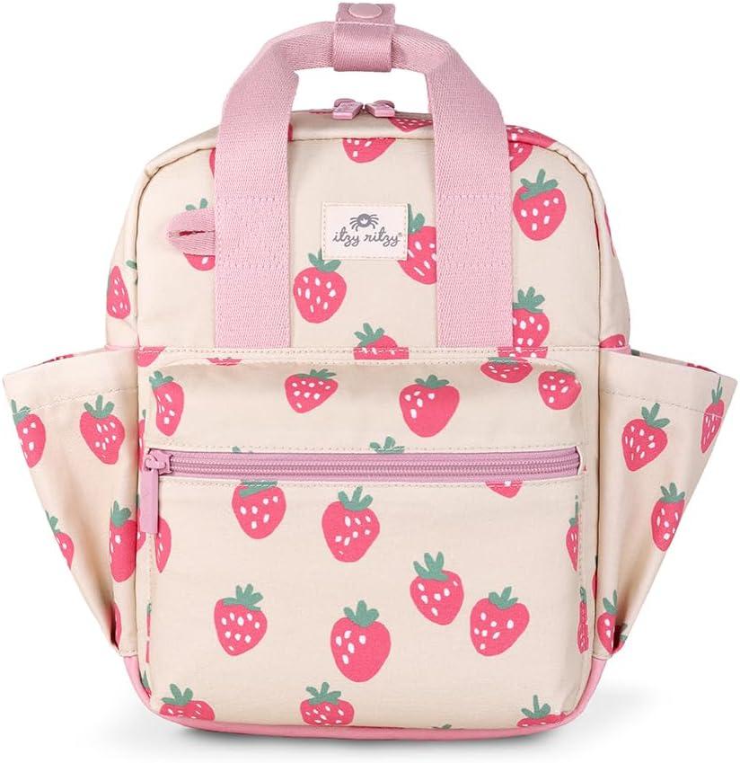 Itzy Ritzy Toddler Backpack - Daycare Bag - Features Adjustable Shoulder Straps, 2 Side Pockets & Spacious Interior with Wipeable Fabric Lining & Name Label, Strawberry Backpack (Small)