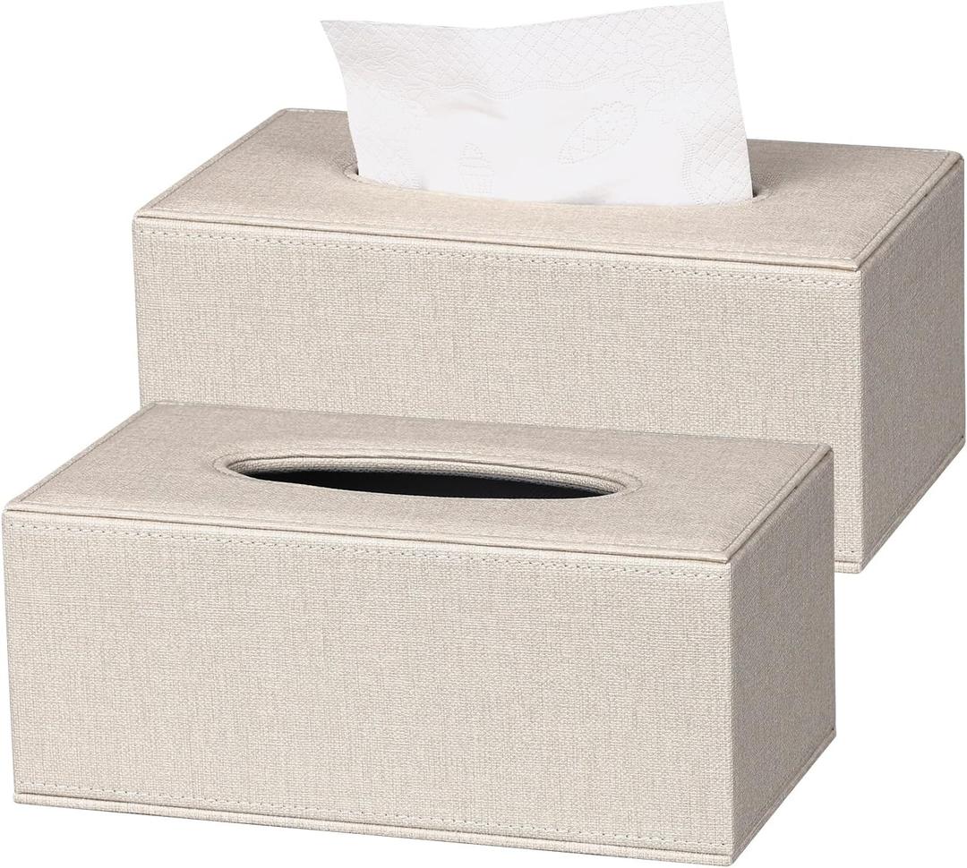 Tissue Box Cover, Leather Tissue Box Holder, Stylish Tissue Box Holder with Magnetic Bottom, Rectangle Tissue Box for Vanity, Toilet Tank, Counter, Night Stand, Office, Car, Beige, 2 Pack