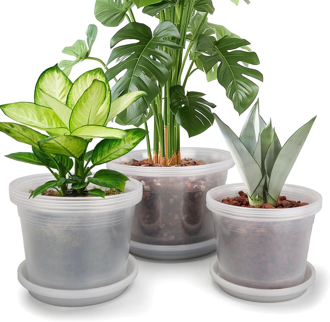 8/10/12 Inch Clear Nursery Pots with Drainage and Sacuers, 15 Pack Plastic Pots for Plants Indoor Outdoor, Variety Large Clear Pots for Flowers, Succulents (8/10/12inx5pcs)