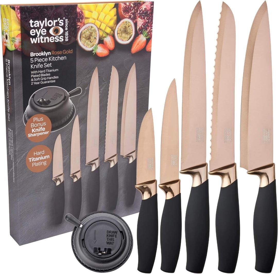 Taylors Eye Witness 5pc Kitchen Knife Gift Set - Brooklyn Rose Gold Colored Bolsters, Matching Razor Sharp Titanium Coated Blades. Soft Grip Handles. 2yr Peace of Mind. Extra Sharpener for Knives