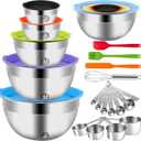 WEPSEN Mixing Bowls with Lid Set, 25PCS Kitchen Utensils Metal Bowl Stainless Steel Nesting Bowls, Measuring Cups and Spoons, Egg Whisk for Baking Prepping Cooking Serving Supplies